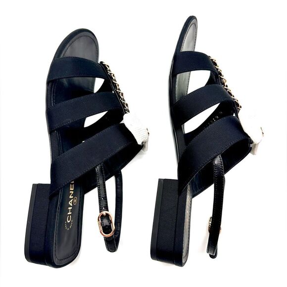 Chanel Interlocking CC Logo Grosgrain Chain Bow Black Sandals EU 37.5 US 6.5-7 - Picture 8 of 13